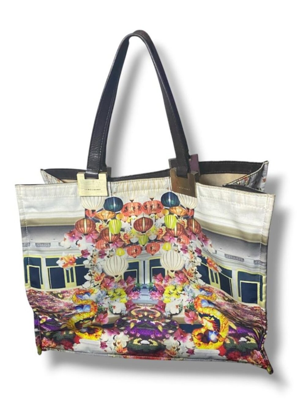 Longchamp Multicolor Floral Lantern Print Tote with Black Handles